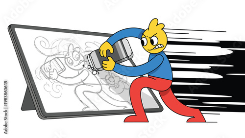Determined cartoon character rapidly erasing digital drawing on a graphic tablet with an eraser