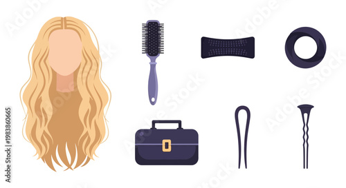 Hair Styling Tools and Blonde Hair Illustration for Beauty Concepts
