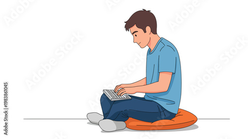 Young man with poor posture typing on keyboard while sitting on a floor cushion. Remote work, casual computing ergonomics.
