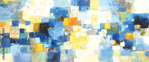 Abstract mosaic of blue yellow and white squares with textured brushstrokes background bright canvas
