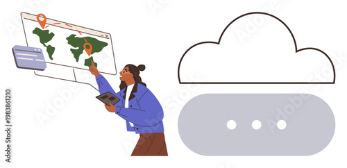 Cloud computing, global navigation, technology interaction, digital tools, data management, online services. Woman using digital map with cloud symbol. Cloud computing and global navigation concept