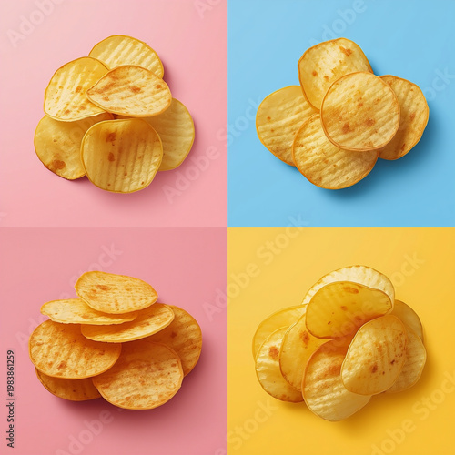 potato chips image for product advertising promotion, photos from various angles, with different backgrounds, do not mention any brands, plain without writing