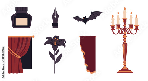 Set of Halloween-themed Icons Including Bat, Candleholder, Curtain, Flower, and Ink Pen