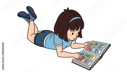 Cartoon girl lying on stomach reading a comic book. Child enjoying leisure time and graphic novel.