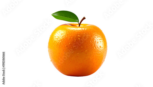 Bright Orange Apple with Green Leaf Isolated on White Realistic Photo