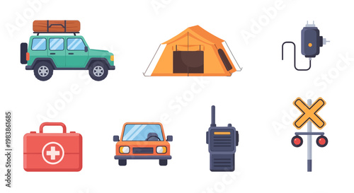 Set of Camping and Emergency Equipment Icons for Outdoor Adventure