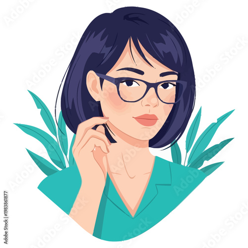 Professional young woman with short dark hair wearing eyeglasses and a teal collared shirt thoughtfully adjusting her spectacles with a hand surrounded by tropical foliage conveying intellect