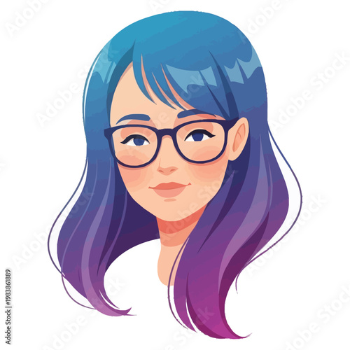 Portrayal of a Young Woman with Vibrant Blue and Purple Tresses Wearing Fashionable Glasses Displaying a Pleasant Expression for Digital Content Creation and Design Projects