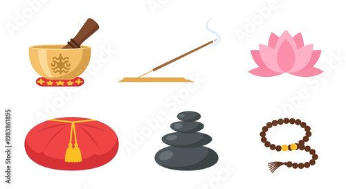 Meditation and Relaxation Items Collection in Flat Style