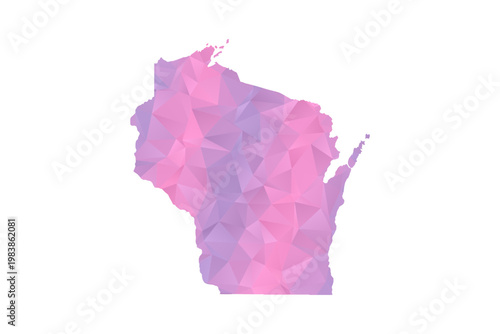 Wisconsin Map - Polygon Style Vector Illustration in Pink and Purple Gradient, Low Poly Geometric Design, Isolated on White Background for Infographics and Education.