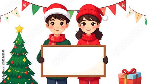 Children Christmas Holiday Illustration with Tree and Gifts
