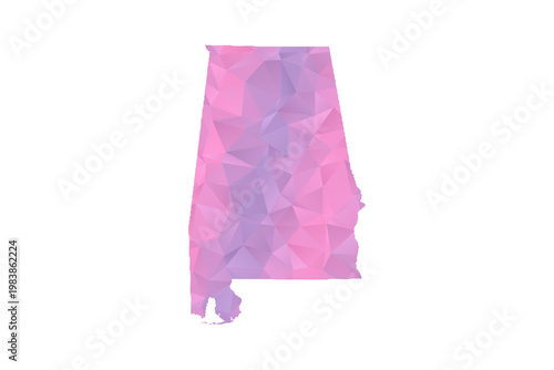 Alabama Map - Polygon Style Vector Illustration in Pink and Purple Gradient, Low Poly Geometric Design, Isolated on White Background for Infographics and Education.