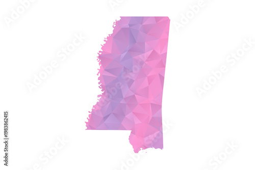Mississippi Map - Polygon Style Vector Illustration in Pink and Purple Gradient, Low Poly Geometric Design, Isolated on White Background for Infographics and Education.