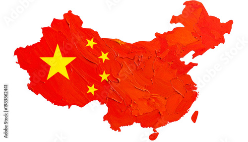China Flag Map Textured Realistic Illustration Isolated Red Yellow Stars