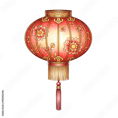Chinese Lantern Illustration with Floral Design and Tassel Isolated