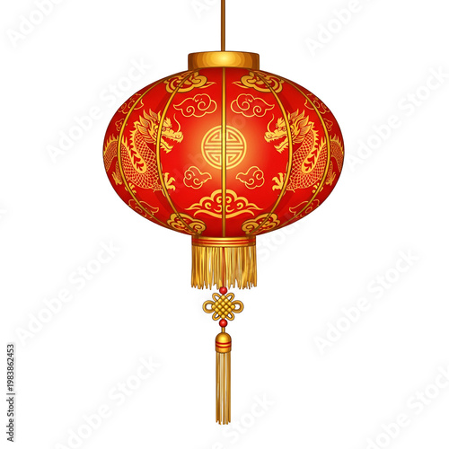 Chinese Red Dragon Lantern With Golden Tassel Isolated Transparent Background
