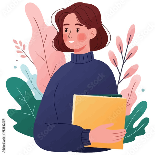 Charming artwork depicts a person holding a folder amidst flowing plant elements conveying a feeling of approachable intelligence and organized creativity for business or educational themes and