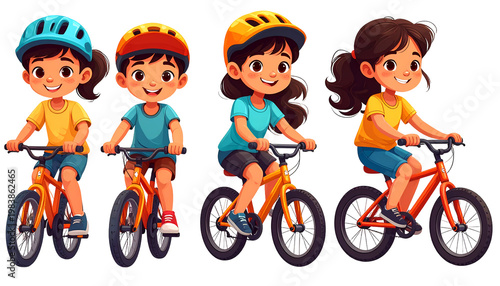 Children Riding Bikes Cartoon Style Colorful Isolated PNG