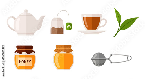 Tea and honey preparation with leaves, jars, and infuser