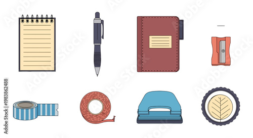 Office Supplies Collection with Notebook Pen Sticky Tape and More