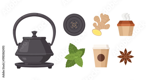 Tea Kettle with Coffee and Tea Ingredients for Hot Beverage Preparation