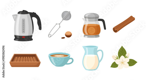 Coffee Preparation Items with Teaspoon, Mug, and Ingredients
