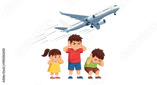 Children covering ears from loud airplane noise.