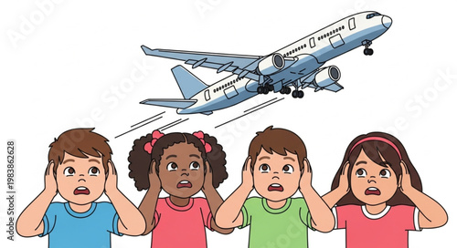 Children Covering Ears From Loud Airplane Noise.