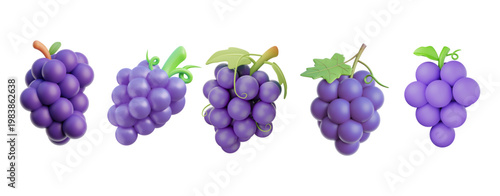 A collection of five bunches of vibrant purple grapes, each with a slightly different arrangement of berries and subtle variations in green stems and leaves, presented against a clean white background