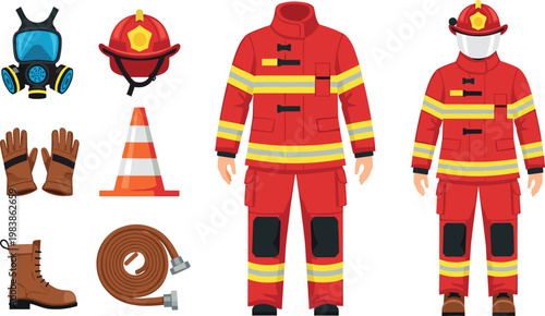Firefighter Gear Including Red Protective Suit, Helmet, Breathing Mask, Gloves, Boots, and Fire Hose for Emergency Response Design Projects