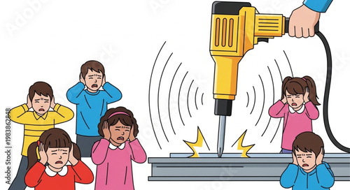 Children Covering Ears From Loud Jackhammer Noise Construction Site.