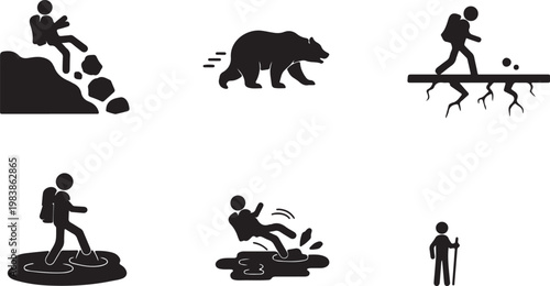 Collection of danger hazard warning pictograms with people and animals during accidents Isolated on white background