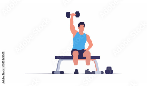 Man Performing Seated Single Arm Dumbbell Overhead Tricep Extension Exercise Vector Illustration on White Background