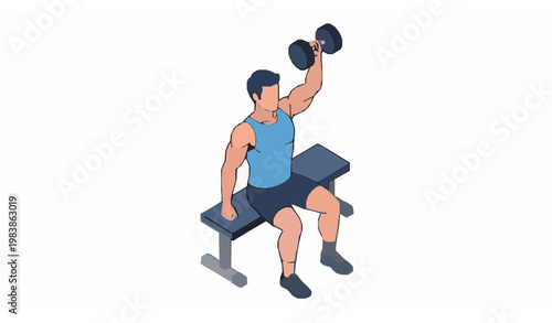 Isometric Gym Training Man Doing One Arm Dumbbell Overhead Triceps Extension Exercise Vector Illustration on White Background