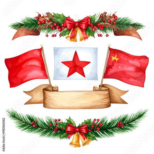 Christmas China Flags Red Star Festive Ornaments Isolated