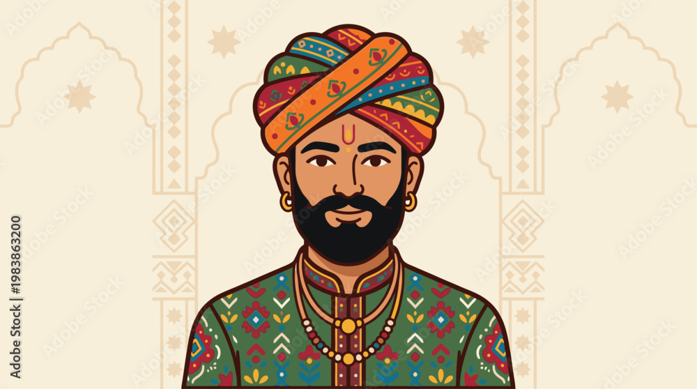 Obraz premium Rajasthani Man Beard Traditional Indian Art Style Character Vector Illustration