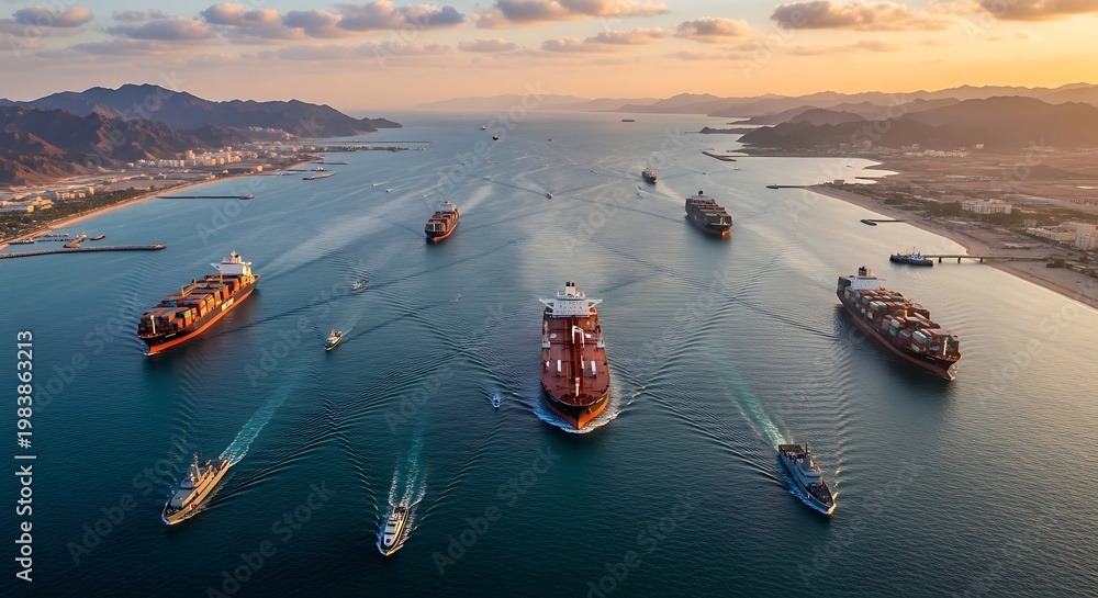 Fototapeta premium Large cargo ships in a harbor.