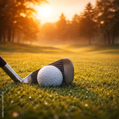 Sunrise Golf Iron Shot in Dewy Green - Close-up