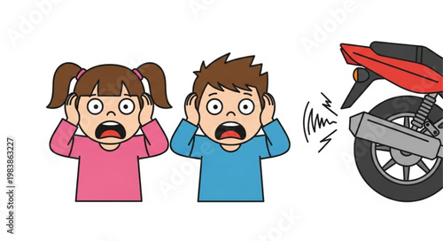 Children Covering Ears From Loud Motorcycle Noise.