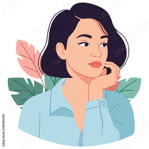 Woman contemplating a thought with a pensive expression featuring a soft blue shirt and lush decorative leaves representing introspection and reflective moments