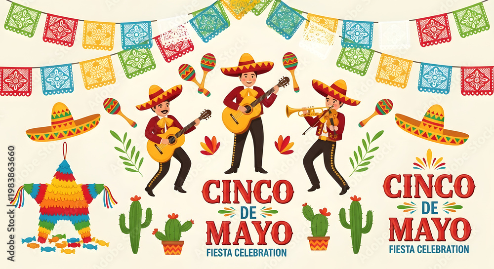 Naklejka premium Cinco de Mayo celebration elements with mariachi band and festive decorations