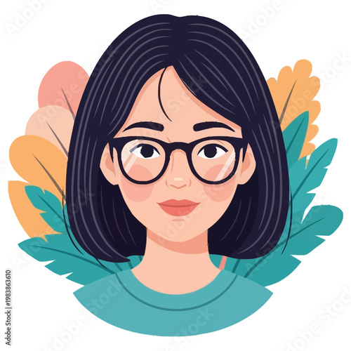 Portrait of a stylish young woman wearing eyeglasses and a teal shirt surrounded by vibrantly colored foliage and abstract organic shapes presenting a friendly and approachable persona for