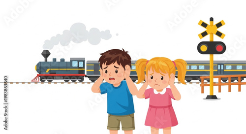 Children covering ears from loud train noise at railroad crossing.