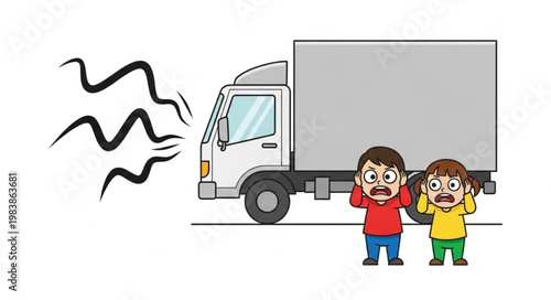 Children Covering Ears From Loud Truck Noise Pollution.