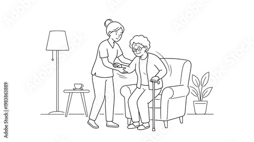 Caregiver assisting elderly person with walking stick.