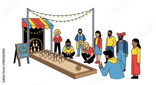 People Playing Skittles at Outdoor Carnival Fair with String Lights