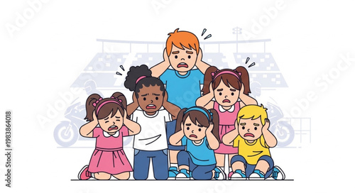 Children covering ears overwhelmed by noise stress and anxiety.