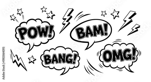 graphic design assets featuring comic speech bubbles pop art sound effects pow bam bang omg lightning bolts and stars