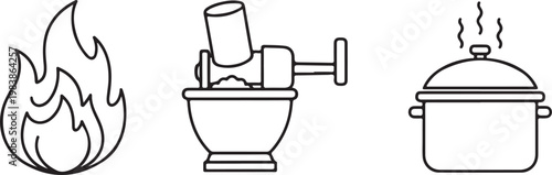 Cooking process icons with fire mortar and pestle pot Isolated on white background