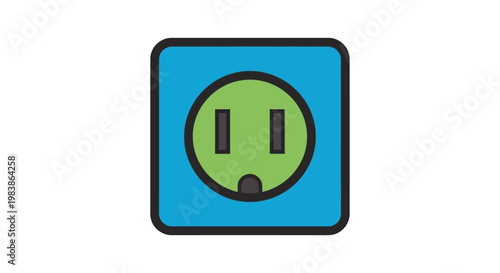 an electrical outlet icon with a green circular face on a blue background symbolizing power energy and electricity for modern homes.